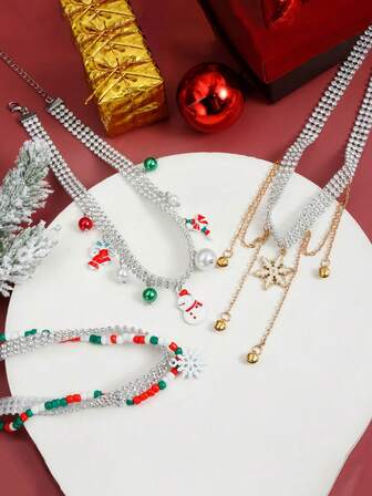 1 st julhalsband - Julsnöflinga och snögubbeklocka med hänge, tvåfärgat kristallhalsband med tofsar, nyårsfest och julklapp