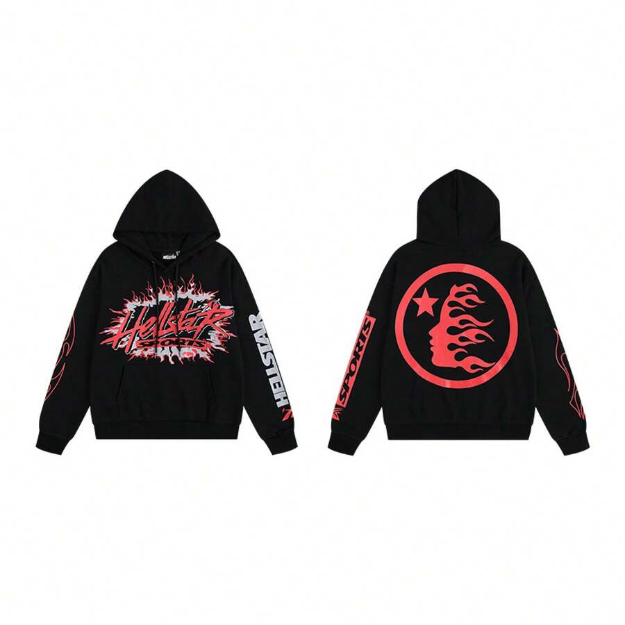 Hoodie, Retro Letter Print Hoodie, Men's Streetwear Long-Sleeve Hooded Sweatshirt, Couple Matching Outfit Sweatshirts - H507黑色 - 查看 1