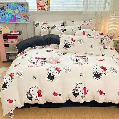 Sanrio Cute Print 4pcs Bedding Set - Black-And-White Heart-Patterned Hello Kitty (1pc Duvet Cover + 1Flat Sheet + 2pcs Pillowcase, No Filling) Soft & Comfortable, 100% Polyester, Suitable For Dorm, Home Bedroom, Hotel, All Seasons, With Zipper Closure And Pillowcase, Multi-Color ,