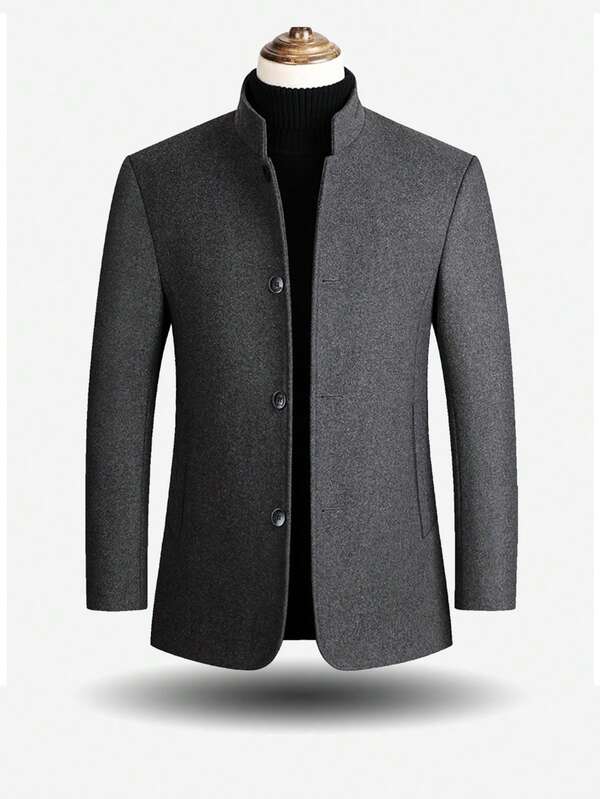 Men's Slim Fit Stand Collar Single-Breasted Wool Blend Coat, Autumn/Winter