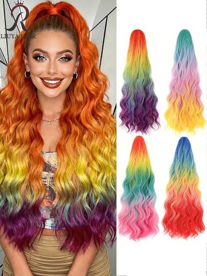 Peruka damska z tęczowym kucykiem – puszysta peruka z syntetycznych włókien, z klipsem, mocna klamra, wielokolorowy gradient (różowy, zielony, żółty, pomarańczowy, fioletowy, czerwony), odpowiednia do noszenia na co dzień, na imprezę halloweenową, do fotografii – natychmiast stwórz imprezowy urok i stylizację do sesji zdjęciowej