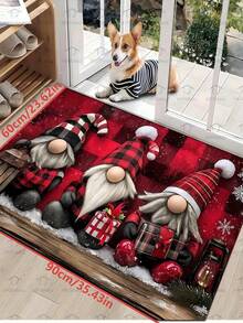 1 capacho xadrez vermelho e preto com estampa de três anões de Natal, tapete de boas-vindas para decoração de casa, adequado para sala de estar, quarto, ambiente interno - lavável à máquina, material de flanela, macio e confortável, sem bolinhas, resistente à água, inodoro - ideal para decoração de casa
