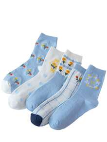 5 Pairs New 3D Floral Pattern Women's Mid-Calf Socks, Korean Fashion Long Socks For Mothers, Autumn/Winter. Randomly Shipped. - Multicolor - View 3