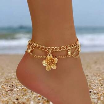 1 件精致花卉金属吊坠可调节多层脚链，带金属流苏