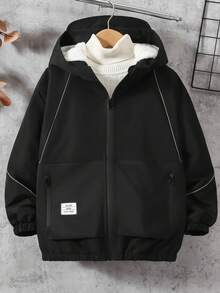 Kurtka z kapturem Tween Boy Casual Reflective Cord, gruba ocieplana podszewka, styl uliczny, jesień/zima - Czarne - Zobacz 4