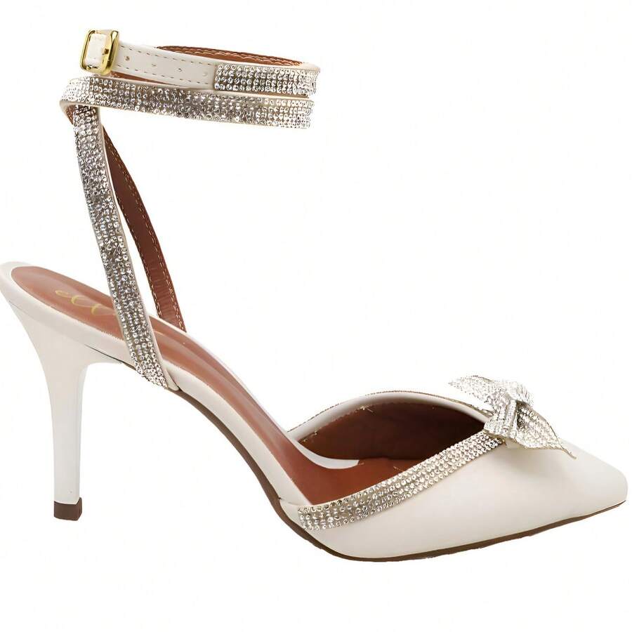 Sandália Feminina Salto Fino com Strass e Laço tiras - Branco - Visão 1