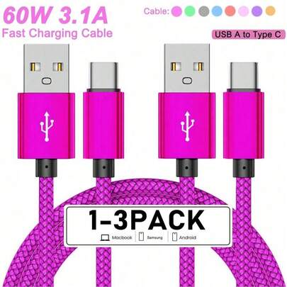 USB C Cable1-3 Packs(10ft/6ft/3.3ft)USB To USB C Charger Cable, Fast Charging Cord Type C Braided For Galaxy S25 S24 S23 S22 S21 S20 A25 A54 A15 A14, Note, Flip, Pixel, Moto
