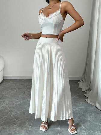 Stickad A-linjekjol för höst/vinter, hög midja, veckad och utsvängd klänning för kvinnor