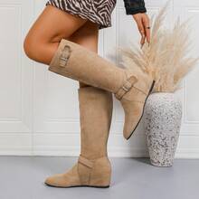 Botas confortáveis estilo ocidental, bico redondo, cano médio, com fivela decorativa, versáteis, adequadas para vestidos, outono/inverno 2025, lançamento - Caqui - Ver 9