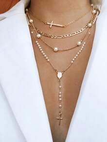 4 قطع طقم قلادة على شكل حرف Y، تصميم أنيق وعصري بطراز عتيق مزين بخرز مصطنع، صليب، نقش بارز، ومرصع بالراين ستون، سلاسل متنوعة الأنماط مناسبة للمناسبات والحفلات والهدايا والاستخدام اليومي