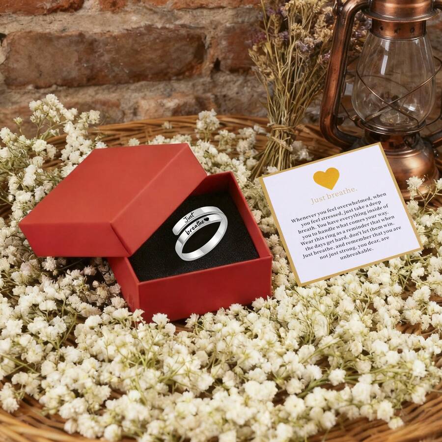 1pc Gift Box Set With Postcard, Stainless Steel Inspirational Ring, Spiral Wrap Open Ring Jewelry, Engraved "Just Breathe" Heart, "I Love You" Couple Jewelry, Letter Engraved Ring, Best Friend, Self-Worth Motivational Holiday Gift, Suitable For Women's Daily Wear