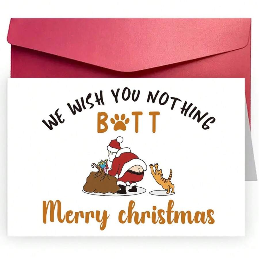 1PC Funny Cat Christmas Card For Cat Lover Friend Family, We Wish You Nothing Butt Merry Christmas, Greeting Card With Red Envelope - one-size - View 1