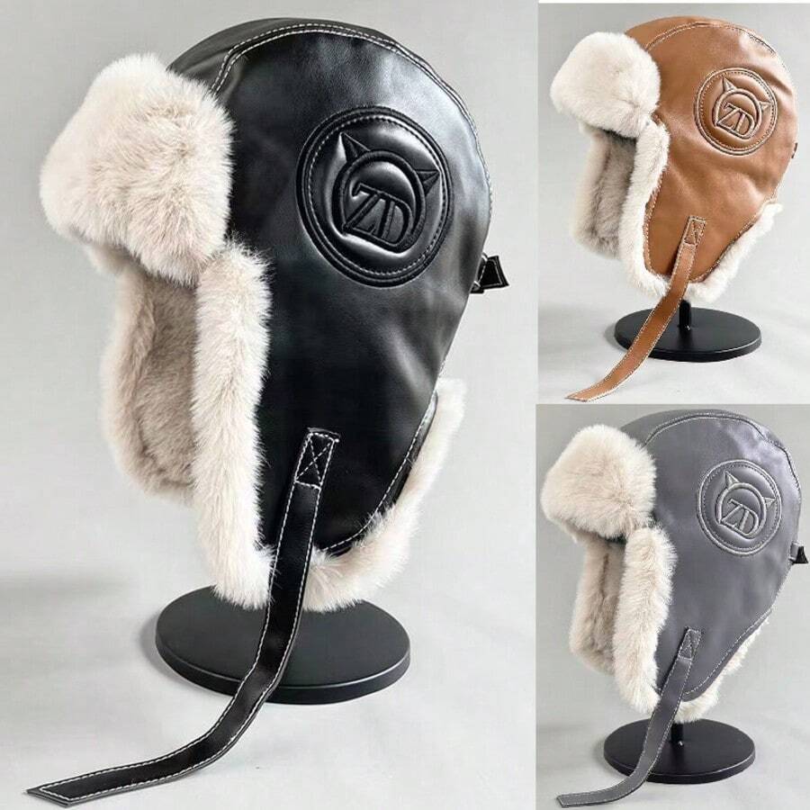 Unisex Warm PU Leather & Fleece Earflap Hat, Outdoor Ski Windproof Earmuffs, Aviator Hat, Windproof Cycling Thickened Ushanka, Solid Color Casual Rabbit Thermal Lined Beanie Winter Gear