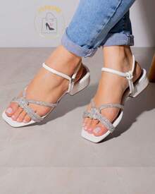 Women's Rhinestone Low Heel Casual Sandal - White - View 1
