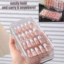 按压式指甲收纳盒三折3页透明空按压式指甲包装盒PET塑料收纳盒带30片双面胶带用于收纳展示美甲艺术业务 - 無色 - 查看 10