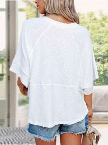 Women's Summer Casual Crewneck Batwing Half Sleeve T-Shirts Solid Color Loose Fit Cute Basic Flowy Tops Tees Blouses - trắng - Xem 3