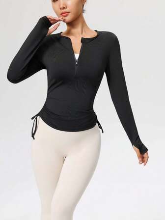 Women's Long Sleeve Outdoor Casual Sports T-Shirt, Drawstring Half Zip Jacket, Daily Sports Crew Neck Top