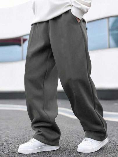 1件装青少年男童纯色宽松保暖直筒裤，适合户外运动，春、秋、冬季保暖。