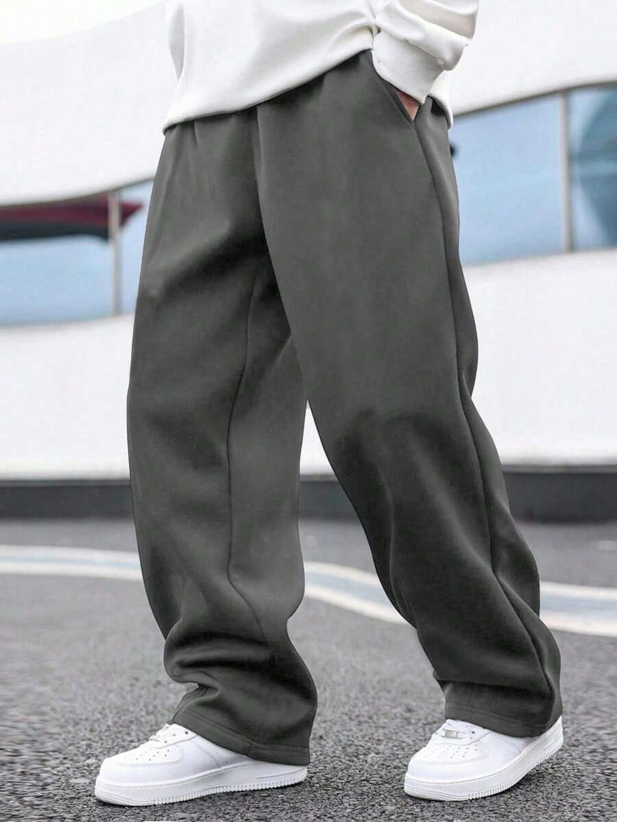 1件大童男孩寬鬆保暖加厚內裡直筒運動長褲,春秋冬季適用 - 深灰色 - 查看 1