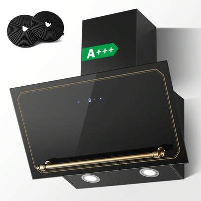 SNDOAS Dunstabzugshaube 60cm, Abzugshaube mit A+++ Energieeffizienz, Abluft/Umluft, 400 m³/h, 3 Stufen + Booster, Wandhaube mit Aktivkohlefilter, Gehärtetes Glas Touchscreen und LED, Schwarz/Gold [Energieklasse A+++]