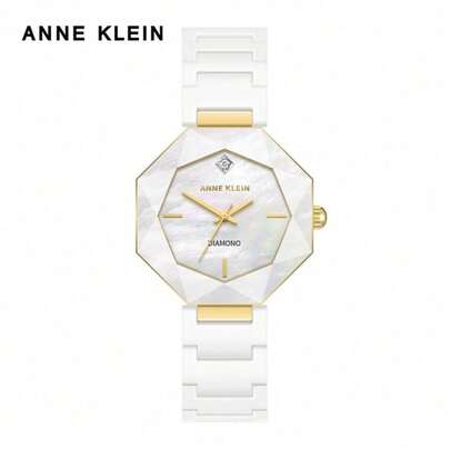  Anne Klein Signature Collection 女士奢华手表，8 边陶瓷表链，6 色 MOP 表盘（金色/玫瑰金表壳），100 英尺防水