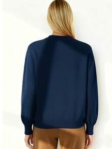 Damen Weihnachtspullover mit niedlichem 3D Zwerg Muster, weicher Strick Langarm Pullover - Navy Blau - marineblau - Übersicht 3