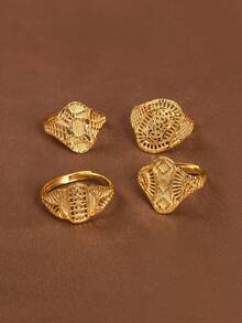 1 Pc Sandy-Gold Exquisite Hand-Carved Geometric Shape Auspicious Cloud Adjustable Beautifully Plated 24k Gold Ring Suitable For Women, Excluding Box - Square and Circle Series - View 13