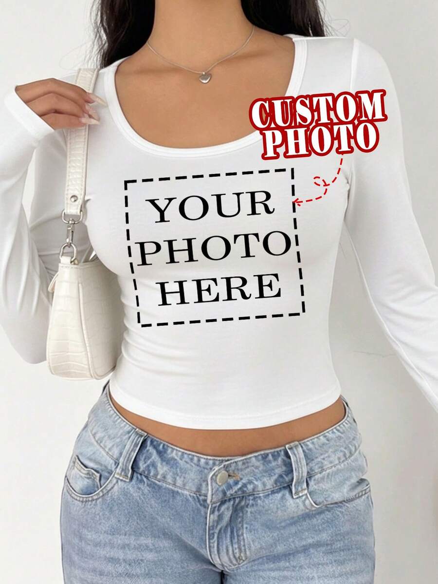 Áo thun dài tay nữ thiết kế theo yêu cầu - Thêm ảnh/thiết kế của bạn, áo thun in theo yêu cầu, áo thun cổ chữ U, áo kiểu thu đông thiết kế theo yêu cầu, họa tiết tùy chỉnh, phù hợp cho kỷ niệm, sinh nhật, các dịp lễ. Áo thun thiết kế theo yêu cầu, áo nữ, áo thun in theo yêu cầu, áo thun dài tay nữ, áo trắng mùa xuân - trắng - Xem 1