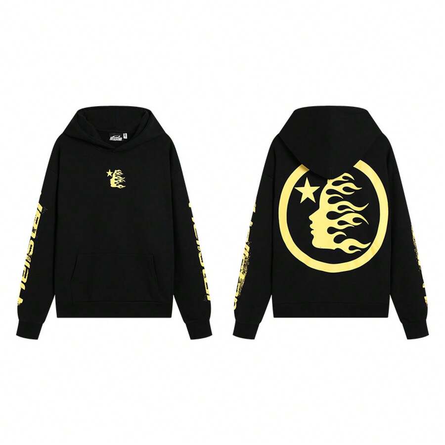 Hoodie, Retro Letter Print Hoodie, Men's Streetwear Long-Sleeve Hooded Sweatshirt, Couple Matching Outfit Sweatshirts - H513黑黃 - 查看 1
