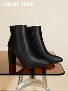 Women's Chunky Heel Ankle Booties Pointed Toe Short Boots Elegant Faux Fur Classic, Cozy & Effortless Zip-On Style - 彩色 - 查看 1