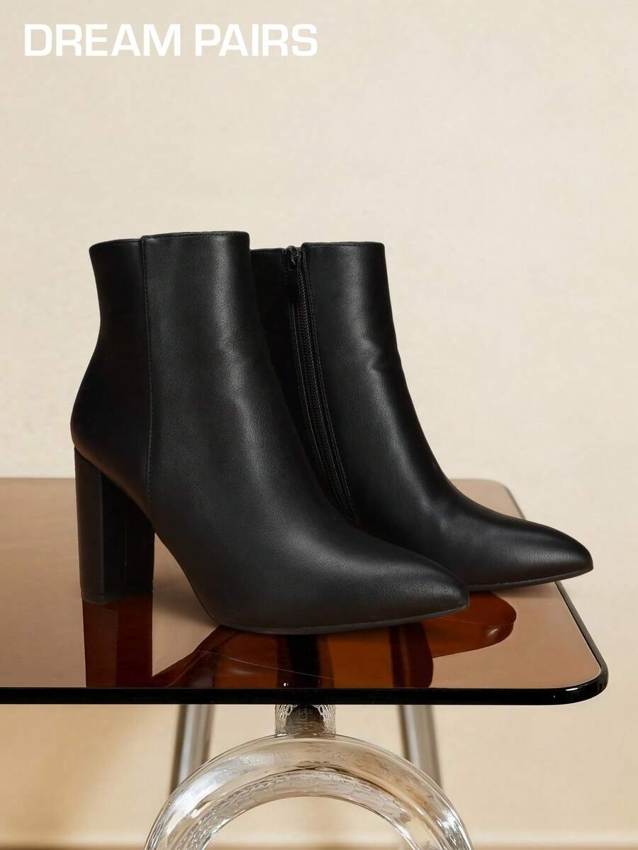 Women's Chunky Heel Ankle Booties Pointed Toe Short Boots Elegant Faux Fur Classic, Cozy & Effortless Zip-On Style - 彩色 - 查看 1