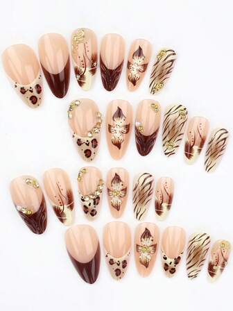 24 片 3D 花卉指甲贴，裸色杏仁形假指甲，带斑马纹水晶装饰，适合日常、通勤、约会、情人节（包括果冻凝胶和指甲锉）