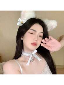 2 Băng đô tai mèo gợi cảm cho nữ có chuông và nơ, Phụ kiện dự tiệc, Quà tặng Halloween, Trang trí tóc thời trang mùa thu - Trắng tinh khiết - Xem 2