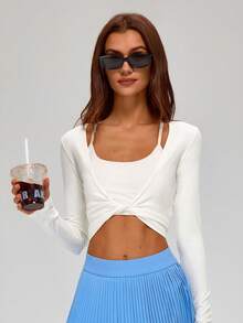 MASKERT Áo nỉ dài tay nữ chất lượng cao, kiểu vặn xoắn phía trước, mềm mại và thoải mái, phù hợp cho tập luyện. - trắng - Xem 6