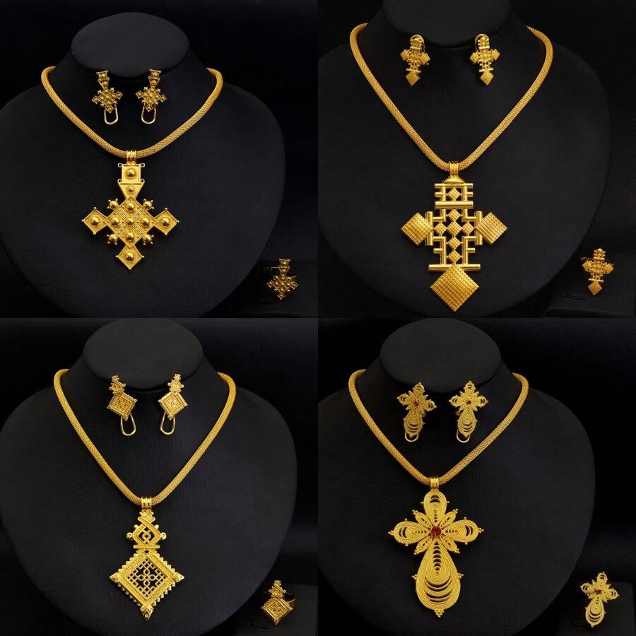 African Classic Cross Jewelry Set, Golden Color Pendant Necklace Earrings Ring, Middle East Eritrea Bridal Wedding Jewelry Gift
