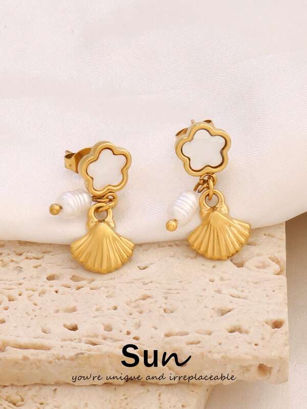 1pair Stainless Steel Five Leaf Flower Stud Earrings For Women Fashion Design Pearl Ocean Shell Pendant Earring Waterproof Jewelry