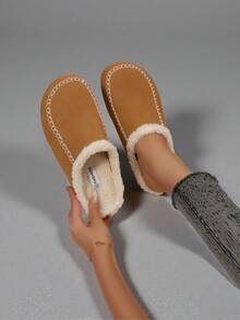 Sandali scorrevoli casual e versatili da donna con suola spessa, scarpe piatte comode con fodera termica, adatte per il calore autunnale/invernale e l'uso casual/interno quotidiano, mocassini con punta tonda - Cammello - Visualizzare 3