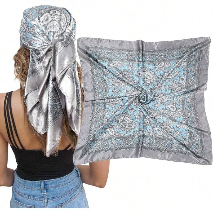 Satin Silk Scarf - Large Hair Bandana, Sleeping Wrap Women - Cashew(grey) - View 1