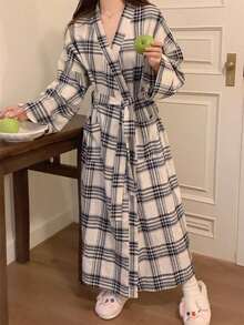女士简约欧美风长袖浴袍，蓝色格子印花甜美可爱简约轻薄浴袍，春秋开学季 - 彩色 - 查看 3