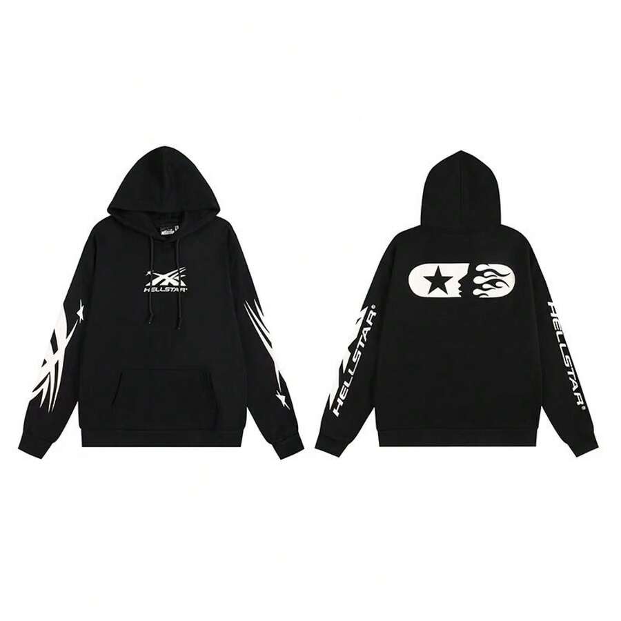 Hoodie, Retro Letter Print Hoodie, Men's Streetwear Long-Sleeve Hooded Sweatshirt, Couple Matching Outfit Sweatshirts - H520黑白 - 查看 1