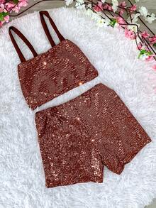 Women's Sequin Shorts, Pockets, Cropped Tops, Straps, Blogger Set - 紅陶 - 查看 1