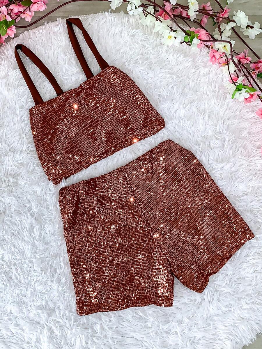 Women's Sequin Shorts, Pockets, Cropped Tops, Straps, Blogger Set - 紅陶 - 查看 1