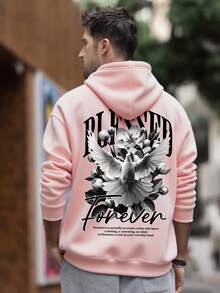 K-GLORY Men's Hoodie, New Autumn/Winter Street Style Peace Dove & English Slogan Print Thermal Lined Pullover Sweatshirt - Pink - View 2