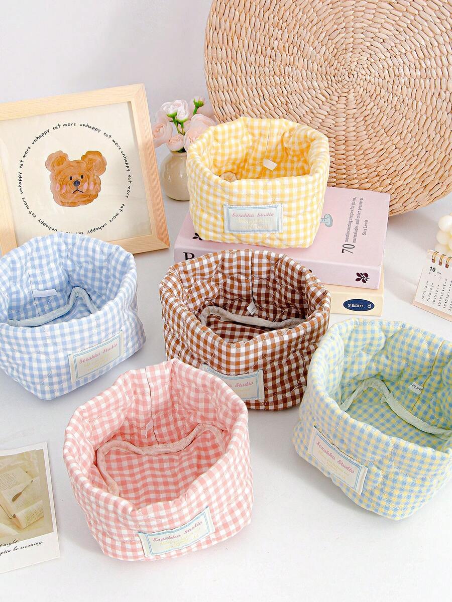 1pc Stylish Plaid Pattern Desktop Storage Basket, Desk Organizer Basket For Makeup Brushes, Cosmetics, Decorative Items, Earphones, Lipsticks, Portable For Picnic - Multicolor - View 1