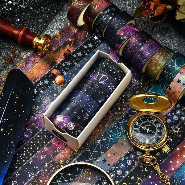 12 pièces Ensemble de ruban décoratif en papier de Noël, ruban décoratif ciel étoilé, ruban d'atmosphère festive, ruban à motif rétro, ruban fin pour DIY, ruban fin en papier pour journaux, ruban d'artisanat, autocollants mystérieux étoile lune tournesol DIY, ruban de décoration quotidienne pour la maison