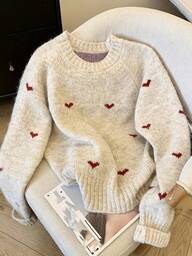 ii Women Cozy Heart Pattern Sweater Long Sleeve Pullover With Round Neck Sweater