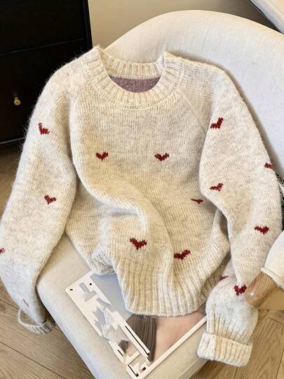 ii Women Cozy Heart Pattern Sweater Long Sleeve Pullover With Round Neck Sweater