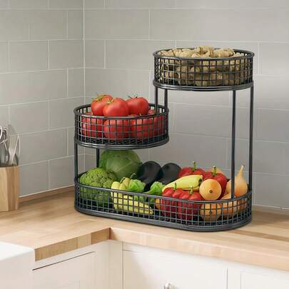 LOVEWE 3-Tier Black Metal Fruit Basket (Large Capacity, Lid), Rustproof For Fruits/Veggies/Snacks