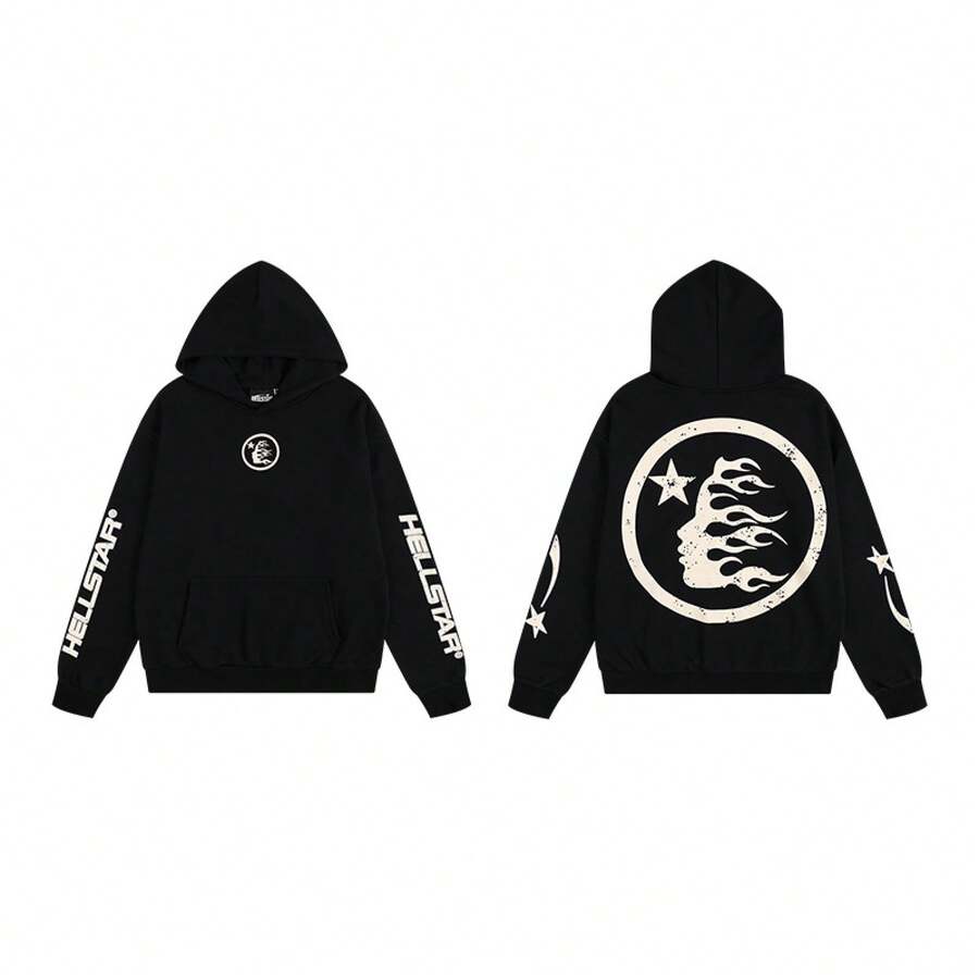 Hoodie, Retro Letter Print Hoodie, Men's Streetwear Long-Sleeve Hooded Sweatshirt, Couple Matching Outfit Sweatshirts - H511黑色 - 查看 1