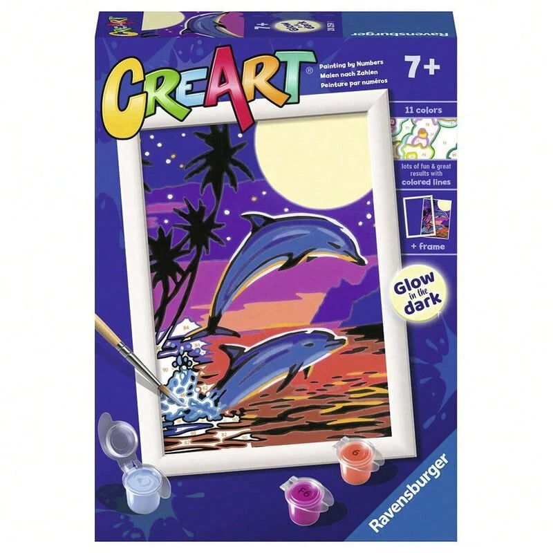 Ravensburger - Creart E: Dolphins | Paint By Numbers For Kids | Kids' Craft Kit | Glow In The Dark | Complete Kids' Painting Kit | Crafts For 7-Year-Old Girls | Includes 13x18cm Frame - Purple - View 1